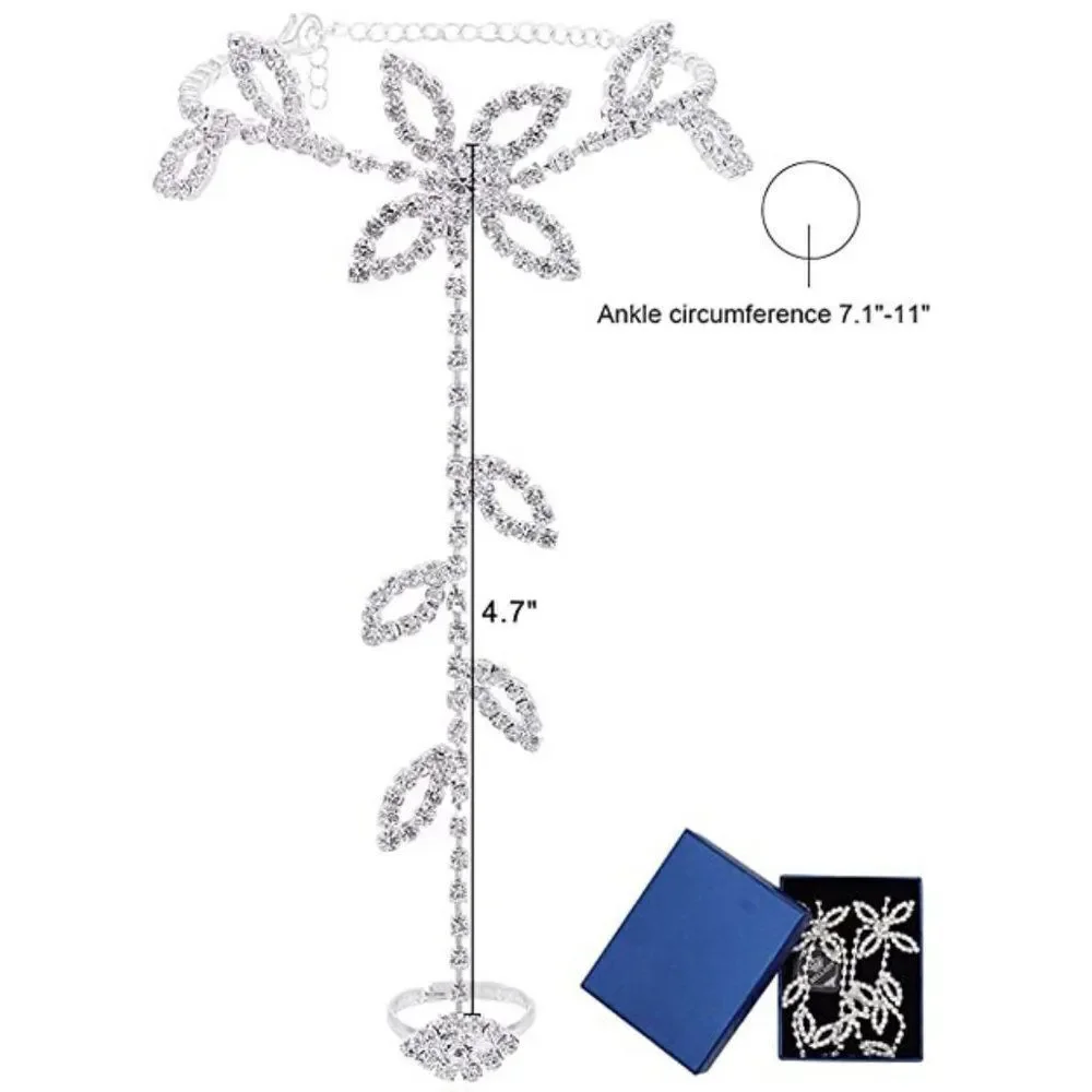 Silver and White Diamond Austrian Crystal Leaf Anklet Foot Chains - Set of 2